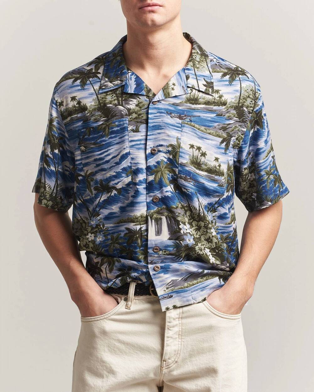 NEW RRL hawaiian print camp shirt in blue multi